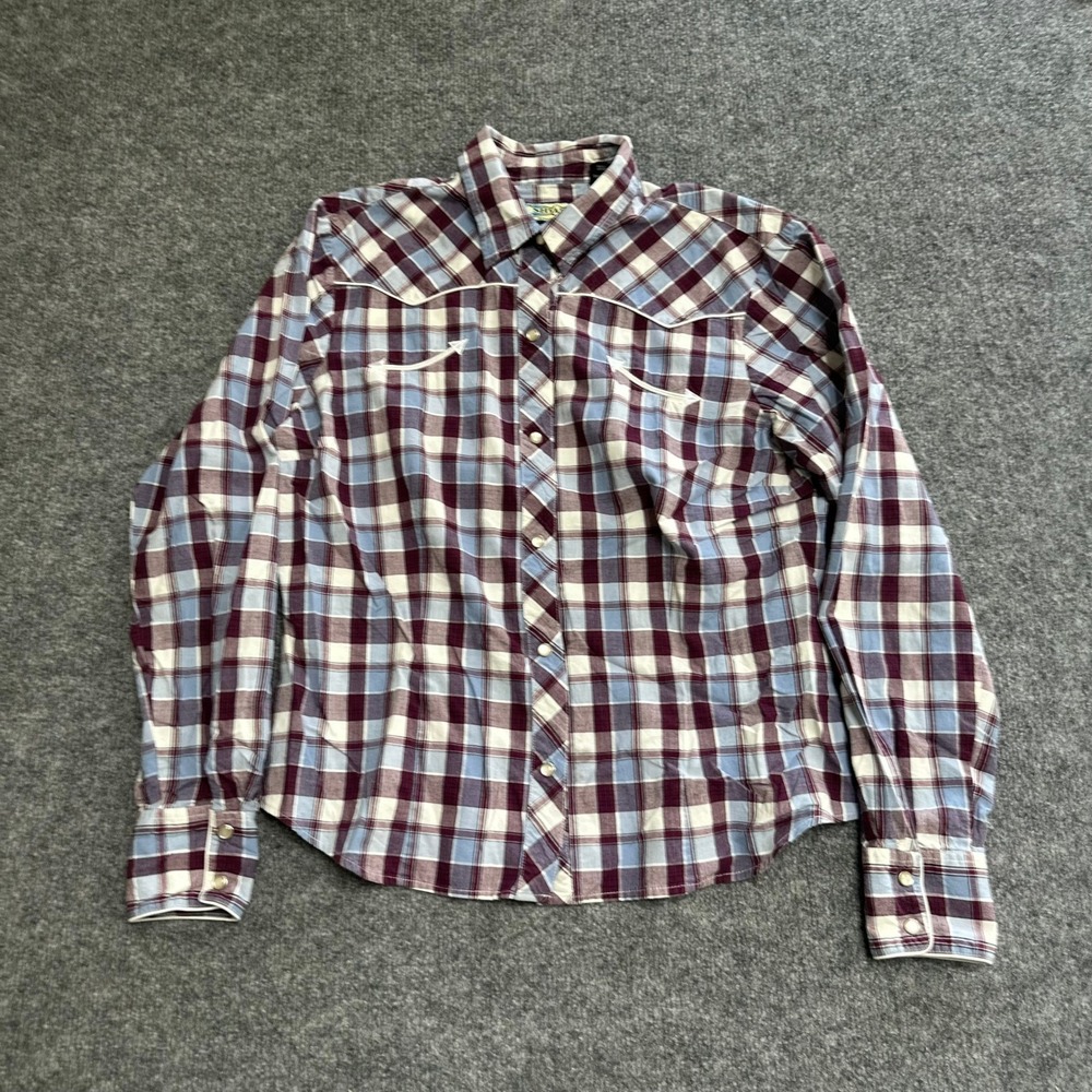 Salt Valley Western Shirt Womens Size L Purple Blue Plaid Pearl Snap Cotton Top